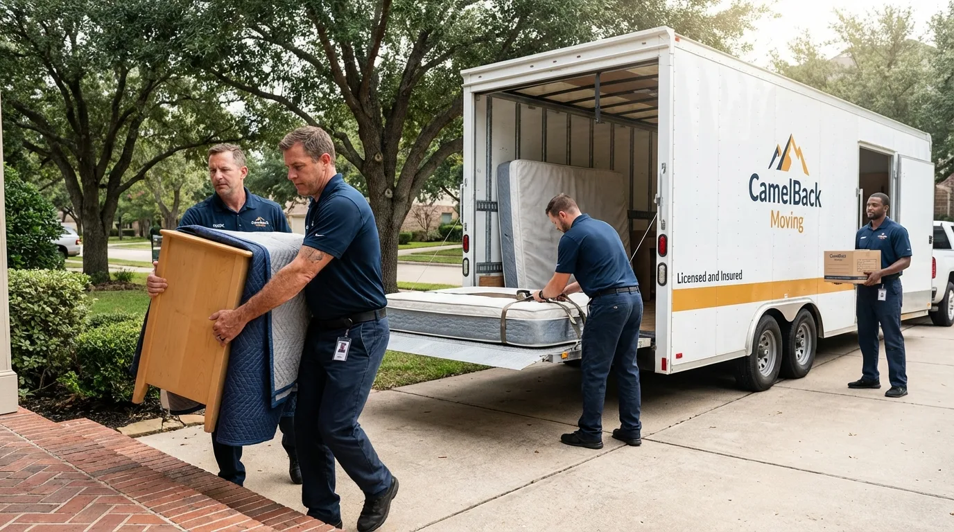 Crew loading residential truck for cross-state move from Random Lake, WI