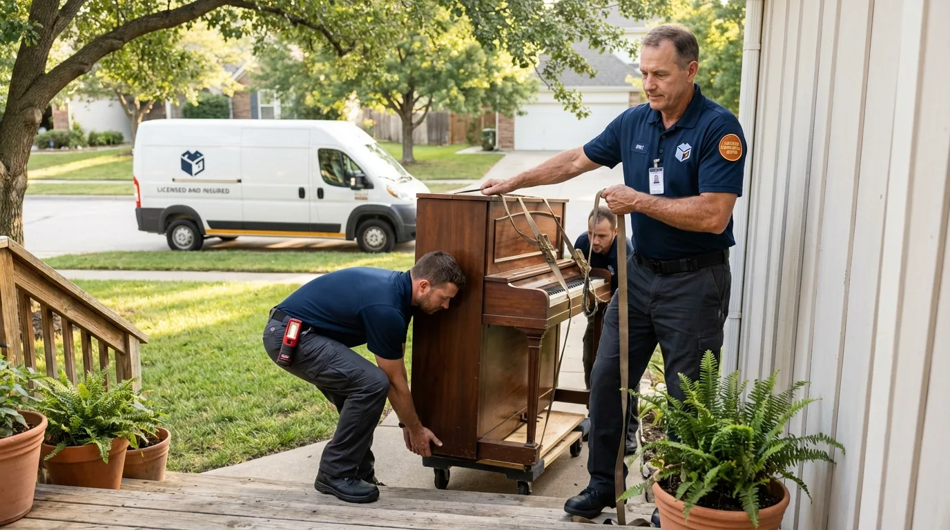 Licensed piano movers securing grand piano in Random Lake, WI