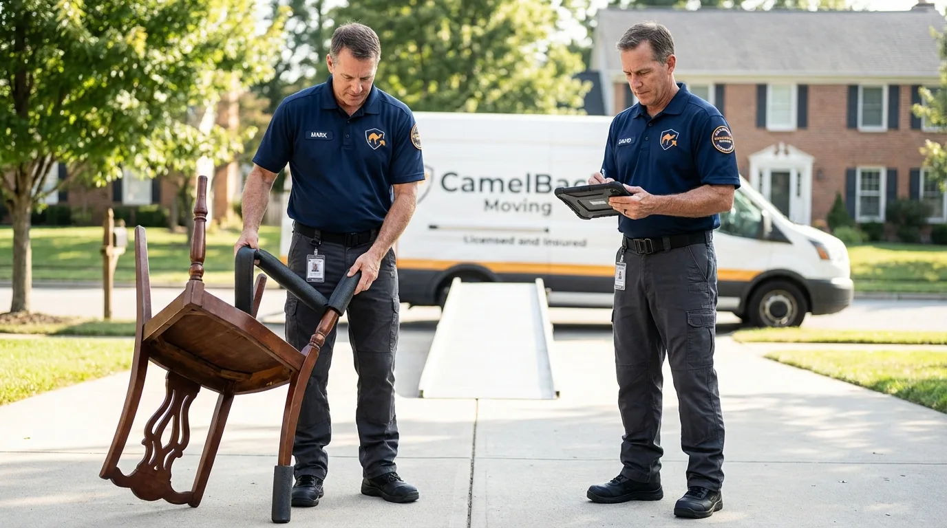 Movers inspecting furniture for damage prevention before loading in Random Lake, WI