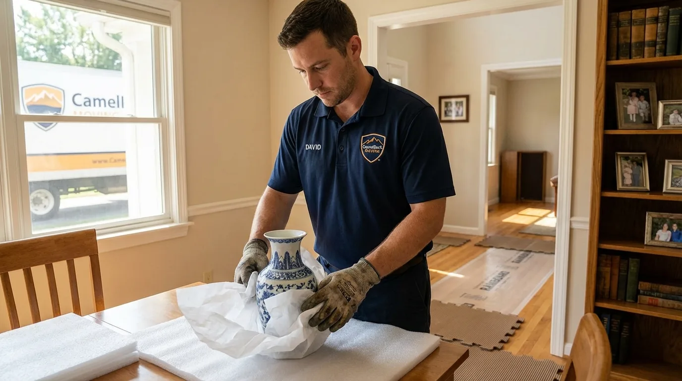Professional crew carefully wrapping antique vase for senior downsizing move in Random Lake, WI