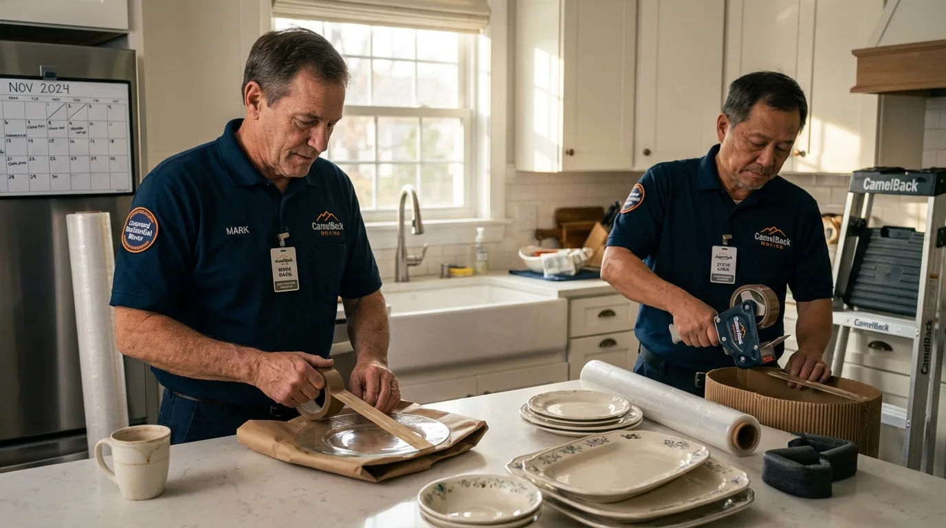 Professional crew packing kitchen dishware in Random Lake, WI